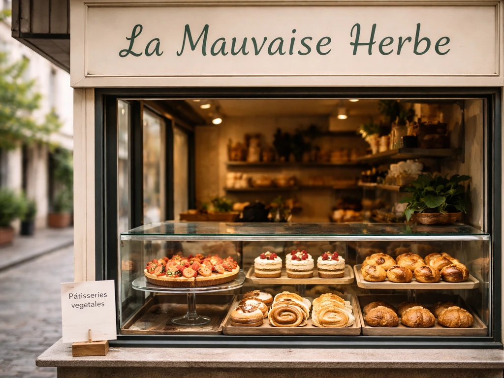 Façade et vitrine d’une boulangerie végétale avec enseigne et étiquette produit lisibles, sans personnes.