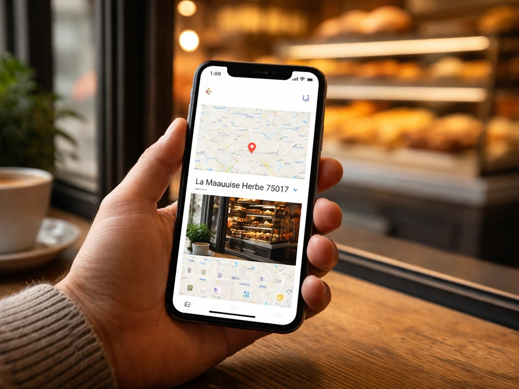 Smartphone affichant une liste de résultats type Google Maps pour La Mauvaise Herbe 75017, près d’une boulangerie parisi