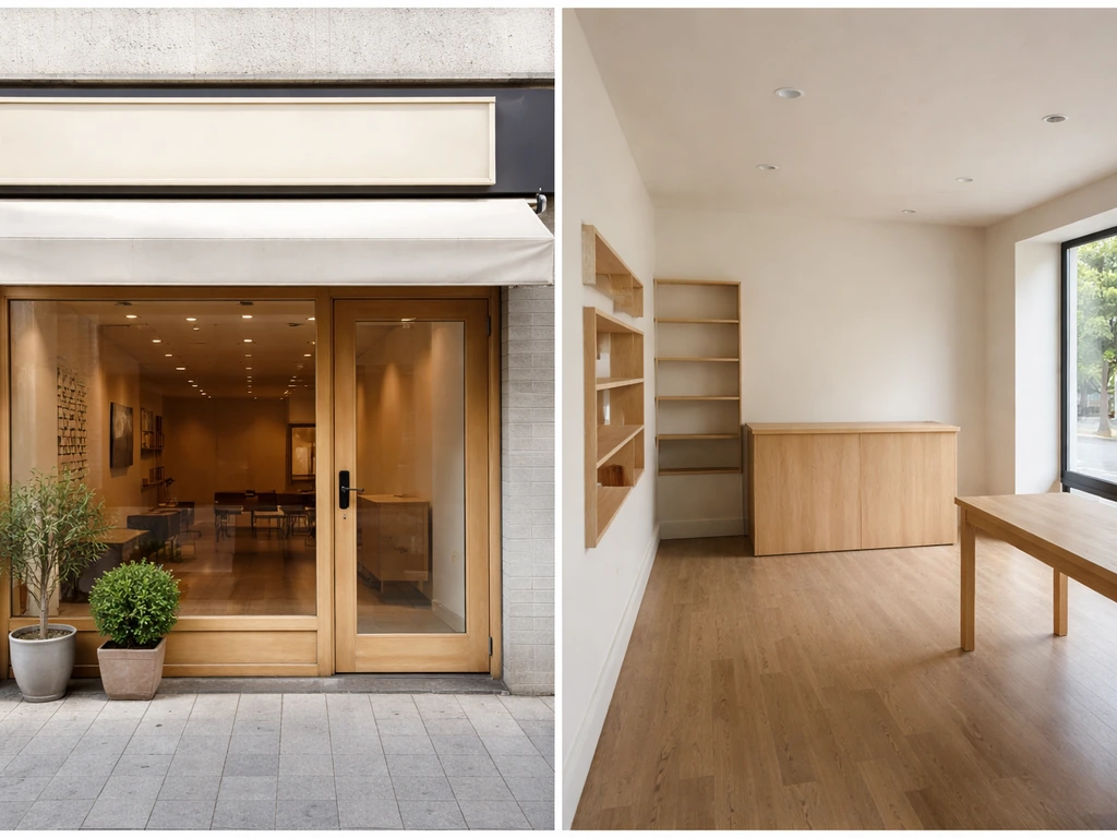 Photo réaliste d’un intérieur de boutique banal et d’une façade distincte, illustrant des photos non conformes