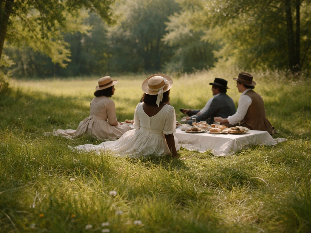 Clairière ensoleillée avec un pique-nique et des silhouettes anonymes inspirées du « Déjeuner sur l’herbe ».