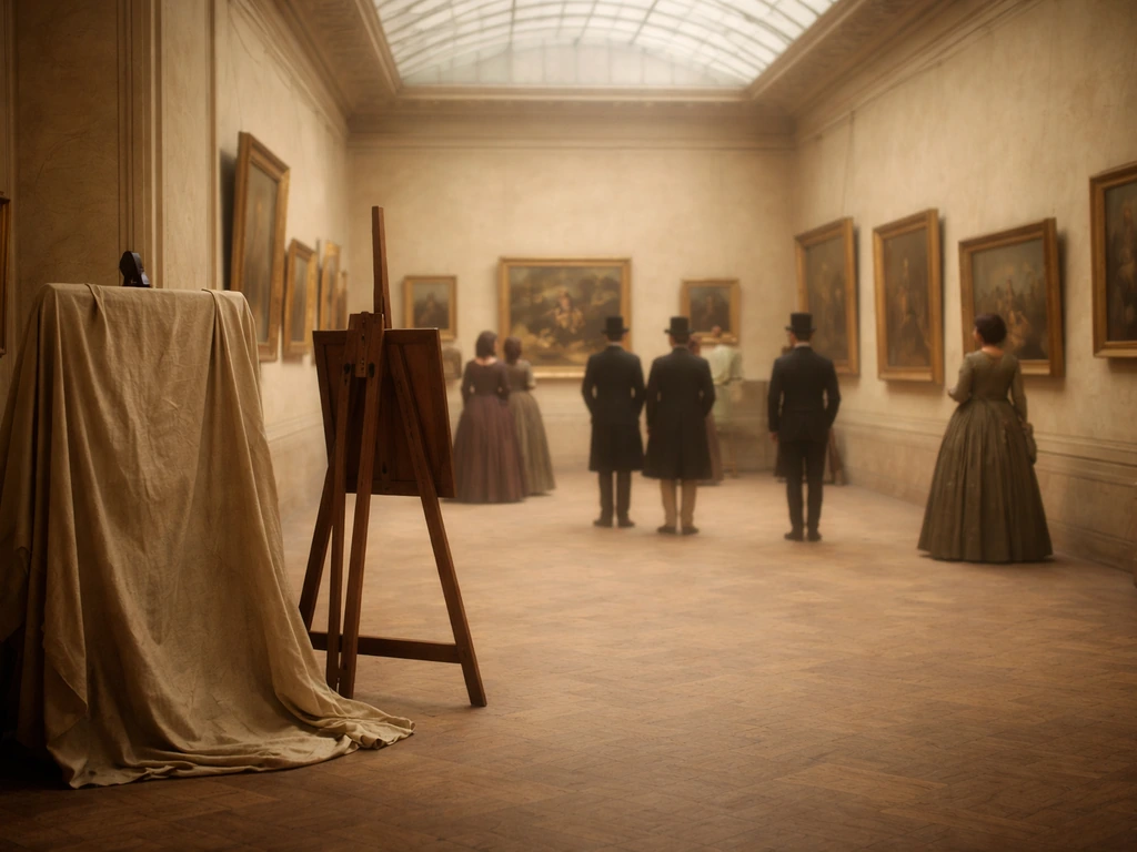 Intérieur du Salon de 1863 reconstitué, visiteurs anonymes et toile drapée sur un chevalet, ambiance historique.