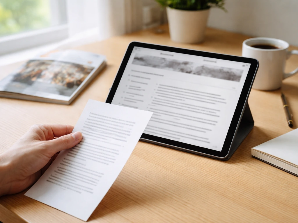 Main anonyme consultant une notice institutionnelle sur tablette, ambiance bureau près d’une fenêtre.