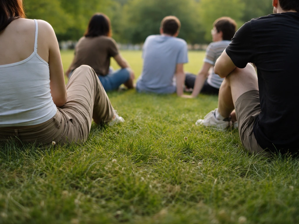 Vue rapprochée d’un groupe de personnages dans l’herbe, style scène de plein air, composition claire