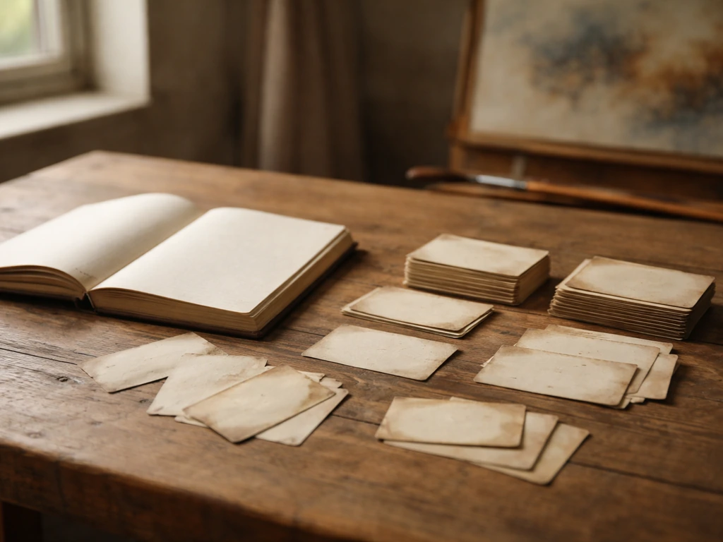 Étiquettes papier vieilli et carnet sur une table en bois, ambiance atelier, évoquant des titres d’œuvre variés.