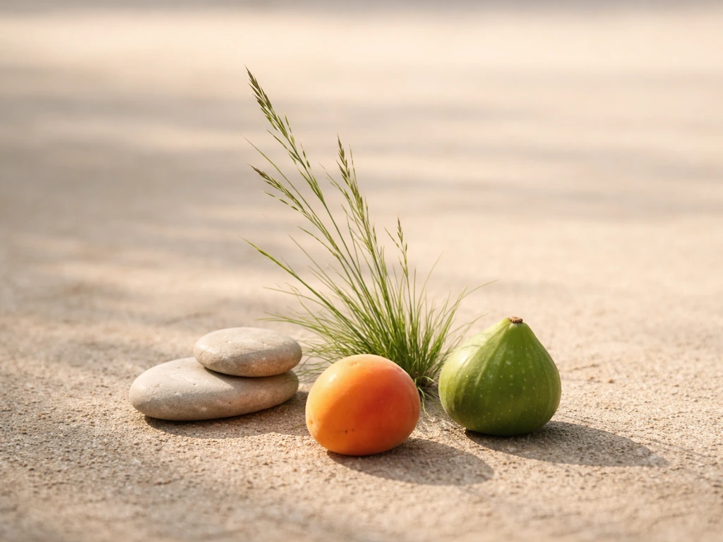Gros plan d’une nature morte au sol : herbe et trois éléments naturels structurent l’espace, sans personnes.
