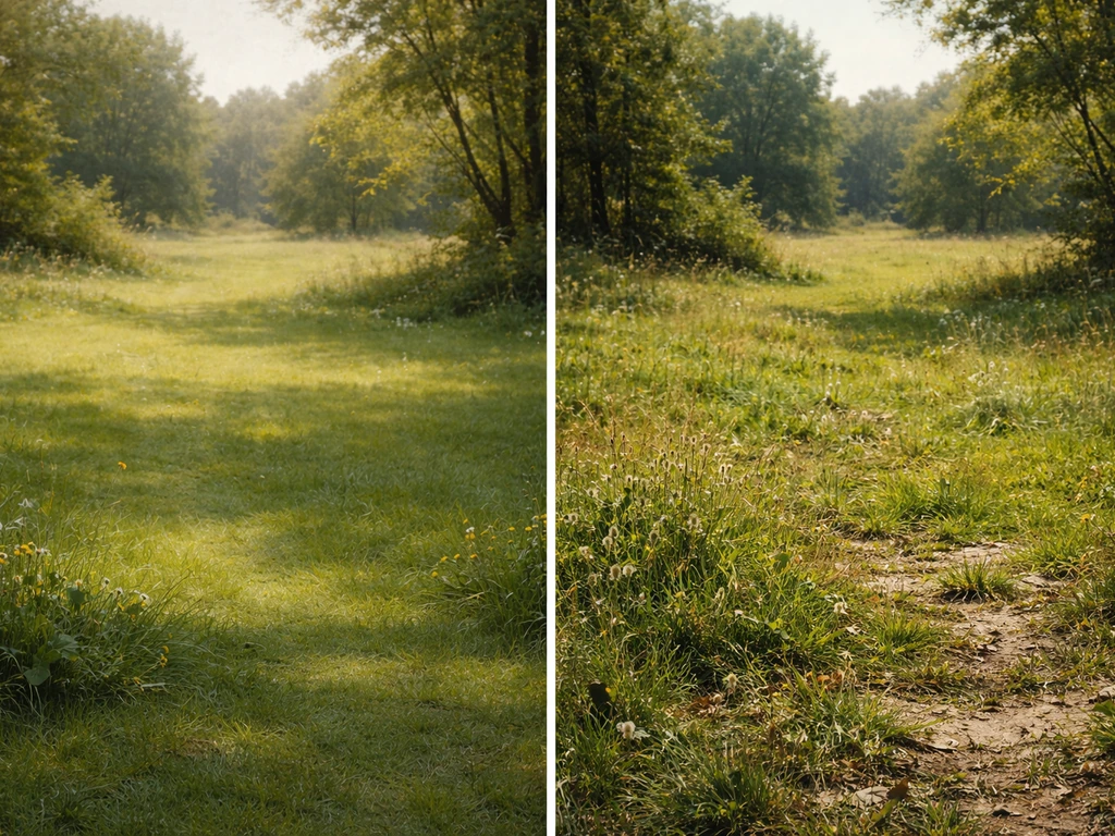 Comparaison avant/après d’une pelouse idéalisée et d’une herbe plus âpre, au même premier plan.