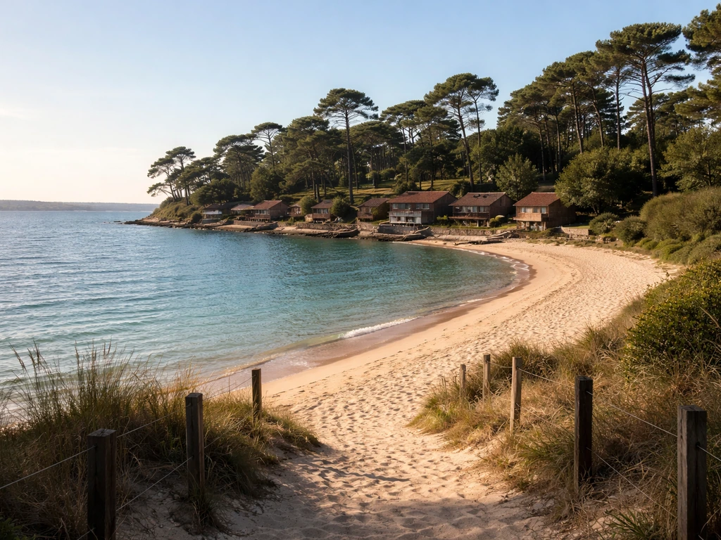 Vue au bord du bassin d’Arcachon près du village de l’Herbe, avec chemin menant à la plage et cabanes au loin.