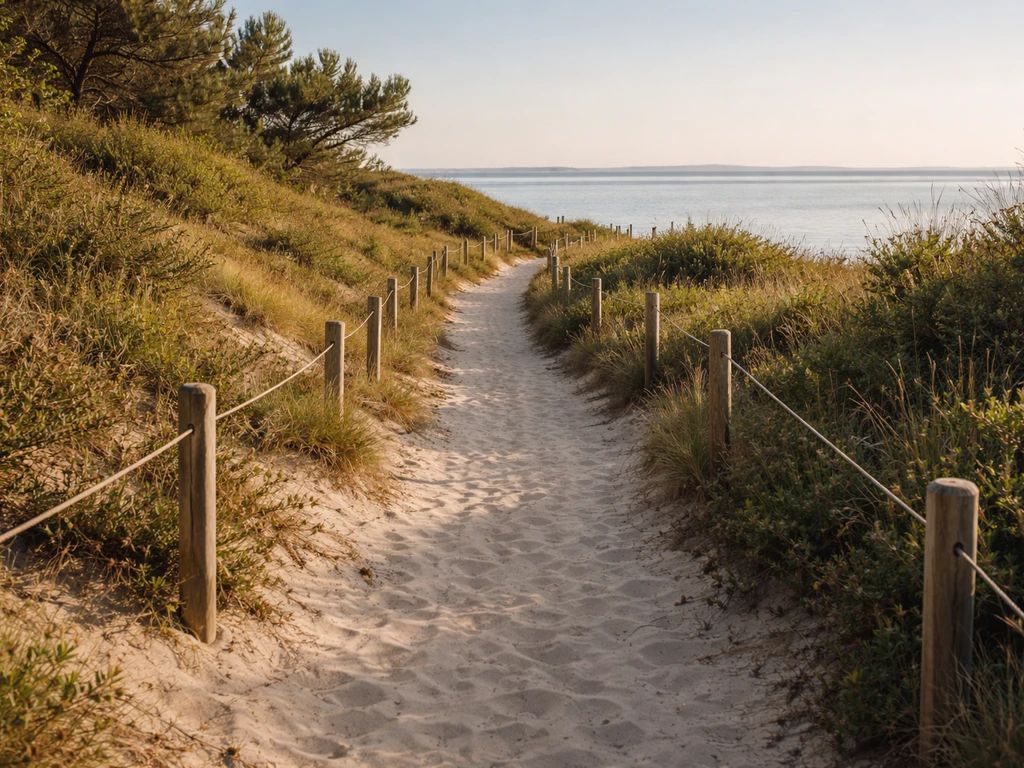 Chemin piéton/vélo sur la presqu’île du Cap Ferret, menant vers le bassin, ambiance naturelle au coucher du soleil.