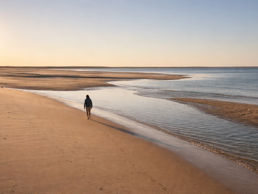 Plage du bassin avec sable et chenal d’eau calme, lumière dorée de fin d’après-midi et personne de dos.