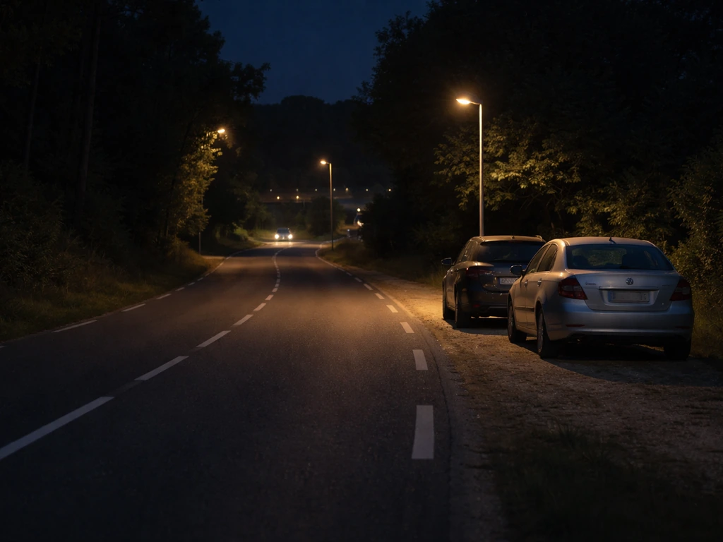 Halte nocturne sur la D106, 300 m après le rond-point, véhicules garés sur l’accotement de nuit.