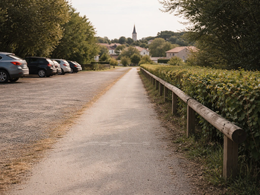 Chemin plat du parking vers le village, haies et maisons au loin, ambiance marche tranquille.