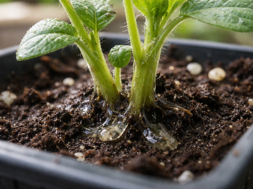 Jeune plante en terreau avec herbe collante et visqueuse, montrant le problème du substrat.