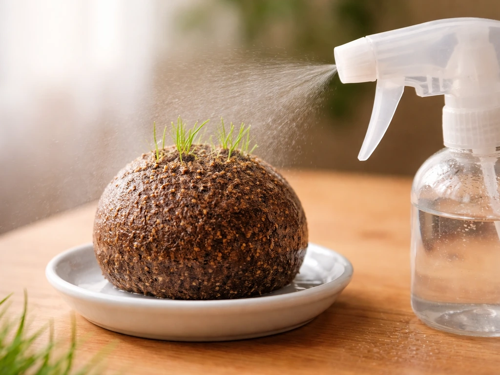Boule de collant remplie de terreau avec graines d’herbe, humidifiée, premières pousses vertes visibles.