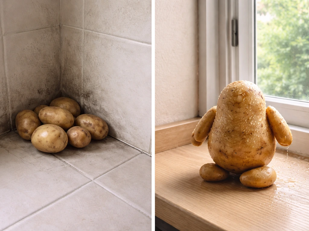Une pomme de terre “Monsieur Patate” déplacée près d’une fenêtre, prête à être traitée, ambiance avant/après.