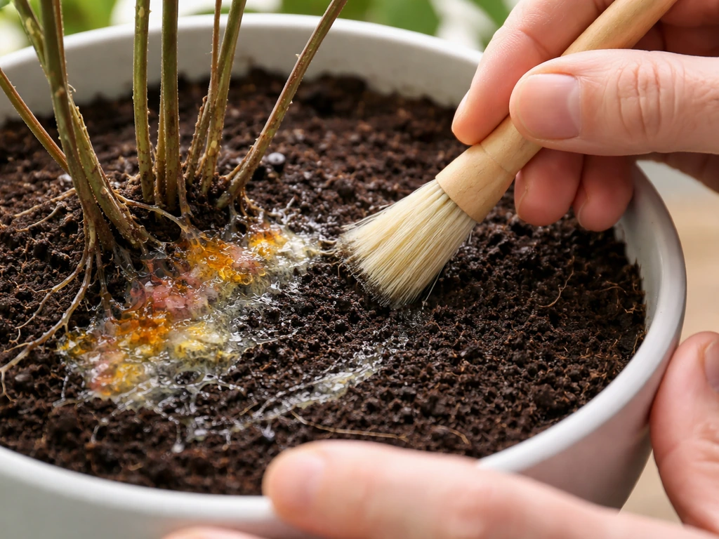 Une main-brosse retire une moisissure visqueuse type slime mold sur le terreau et les tiges d’une plante.