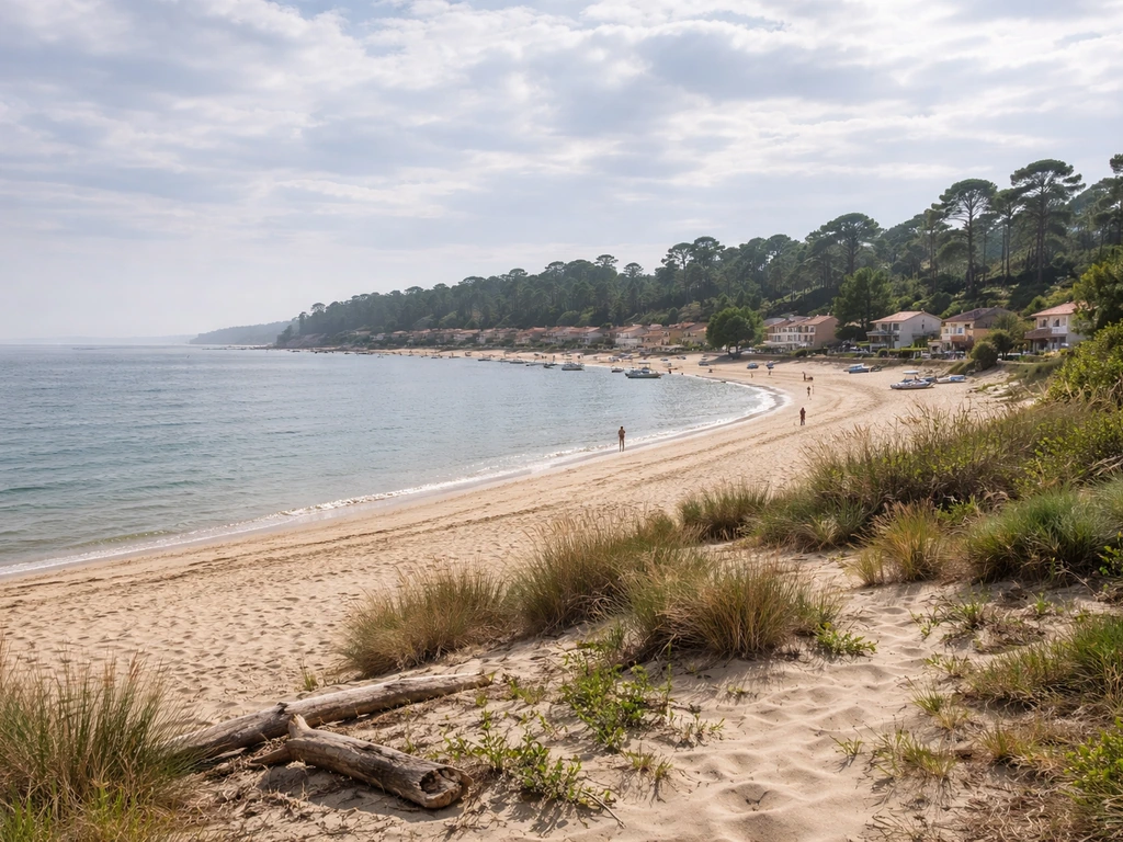 Vue d’ensemble de la plage de l’Herbe au Cap Ferret, sable, côte et maisons au loin, ambiance mer calme.