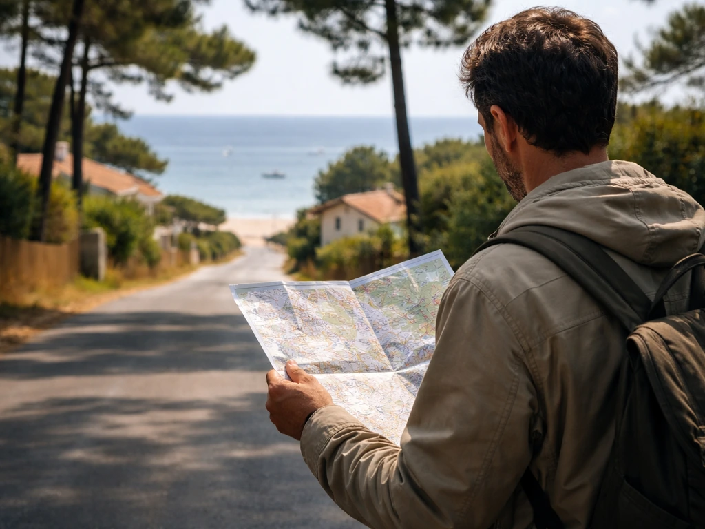 Une carte papier à la main face à la côte du Cap Ferret, évoquant la localisation de L’Herbe.