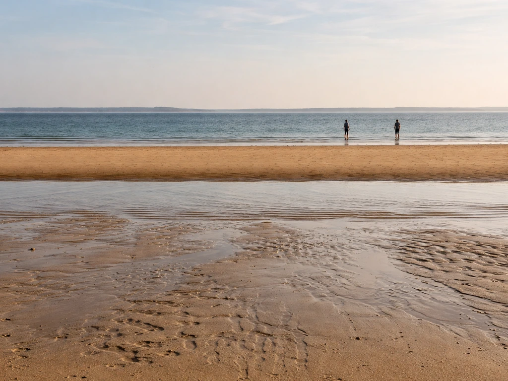 Plage de l’Herbe : estran à marée basse et ligne d’eau à marée haute, montrant la différence de sable.