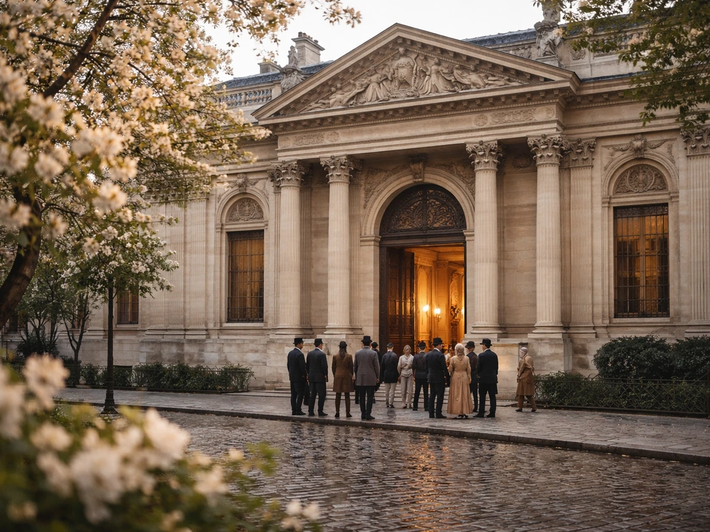 Façade du Salon/Académie des Beaux-Arts à Paris (1863), public anonyme et ambiance printanière, lumière naturelle.