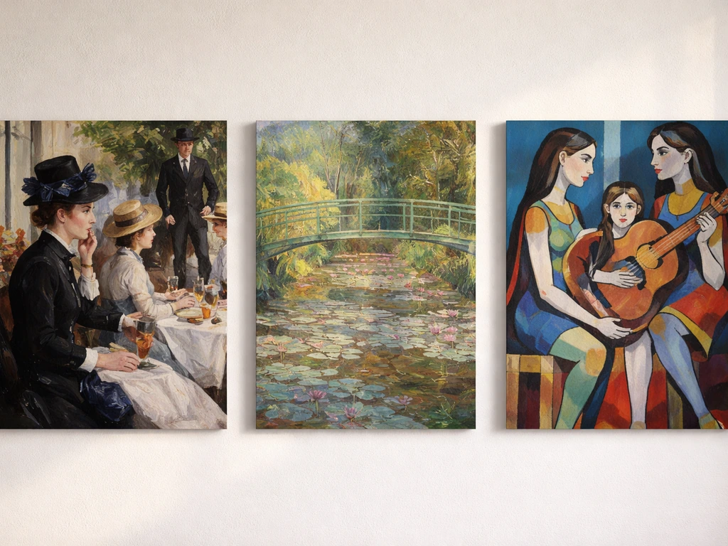 Trois toiles d’art côte à côte, style impressionniste et moderne, évoquant Manet, Monet et Picasso.
