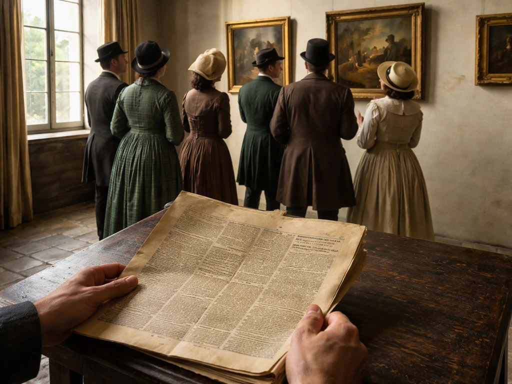 Salle d’exposition au XIXe siècle : public choqué devant des toiles, avec une une de presse ancienne sur une table.