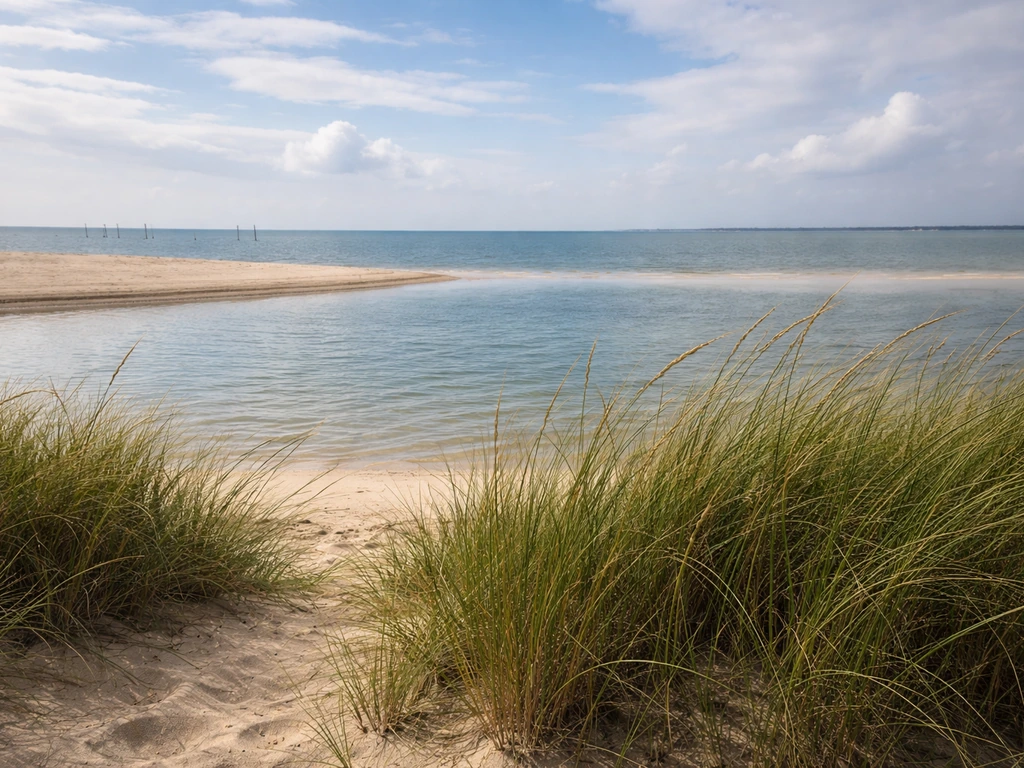 Herbe au premier plan à Lège-Cap Ferret, eau calme au second plan sous une lumière douce