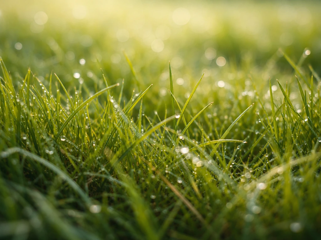Gros plan sur l’herbe au sol, motifs de lumière et micro-textures en couleurs naturelles.