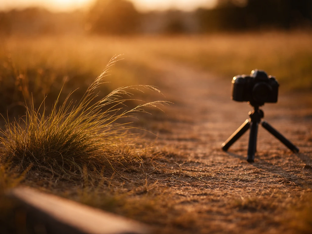 Touffe d’herbe photographiée à contre-jour avec appareil et trépied stylisé, lumière rasante de fin d’après-midi