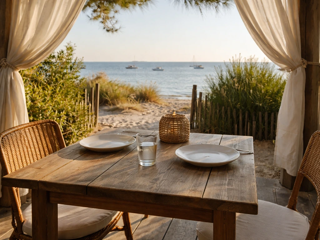Terrasse du restaurant au Cap Ferret avec ambiance balnéaire et vue sur l’extérieur, sans personnes ni texte.