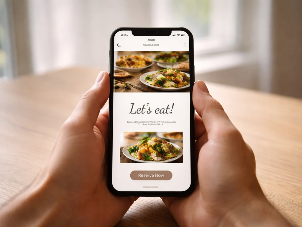 Téléphone montrant un site de restaurant avec un onglet « Let’s eat! » ouvert