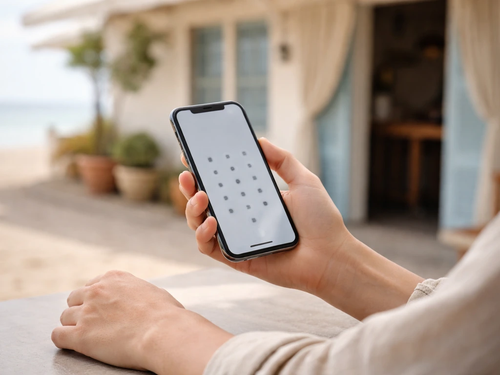Personne tenant un téléphone à côté d’un restaurant en bord de mer, prête à appeler pour le menu du jour.