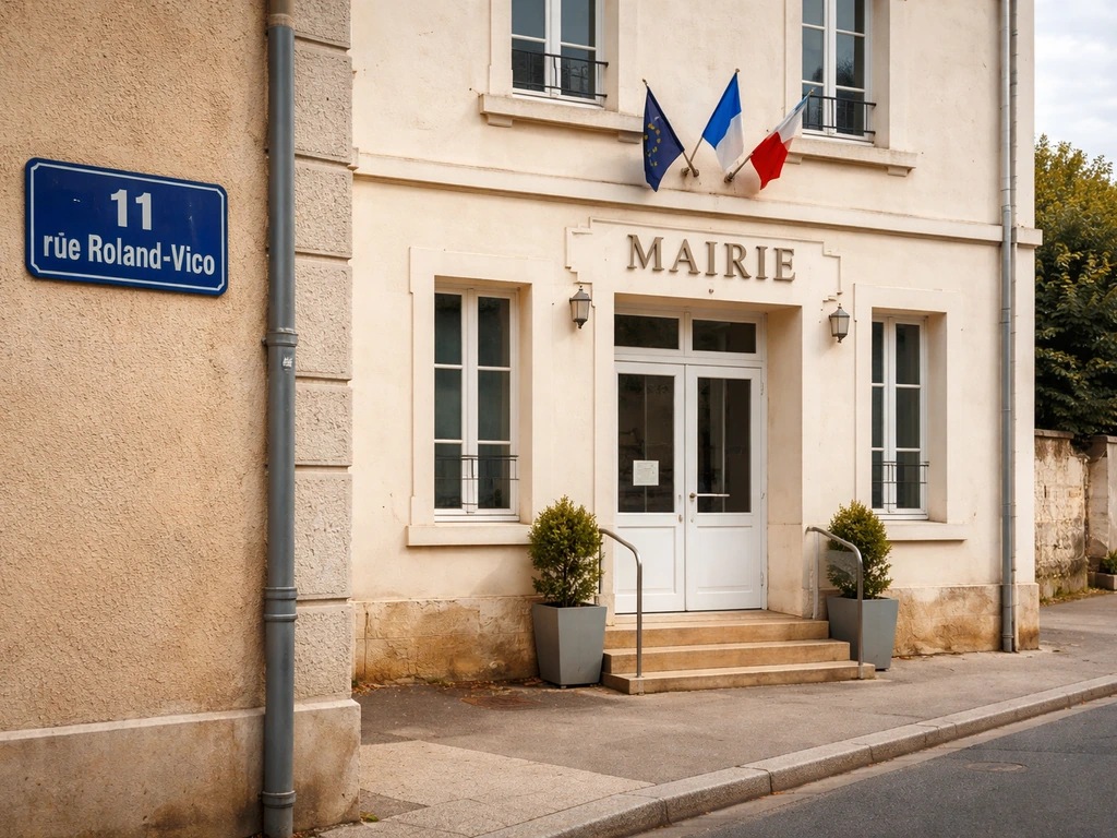 Façade de mairie sur une rue calme, plaque de rue et numéro visibles pour identifier précisément le 14280.