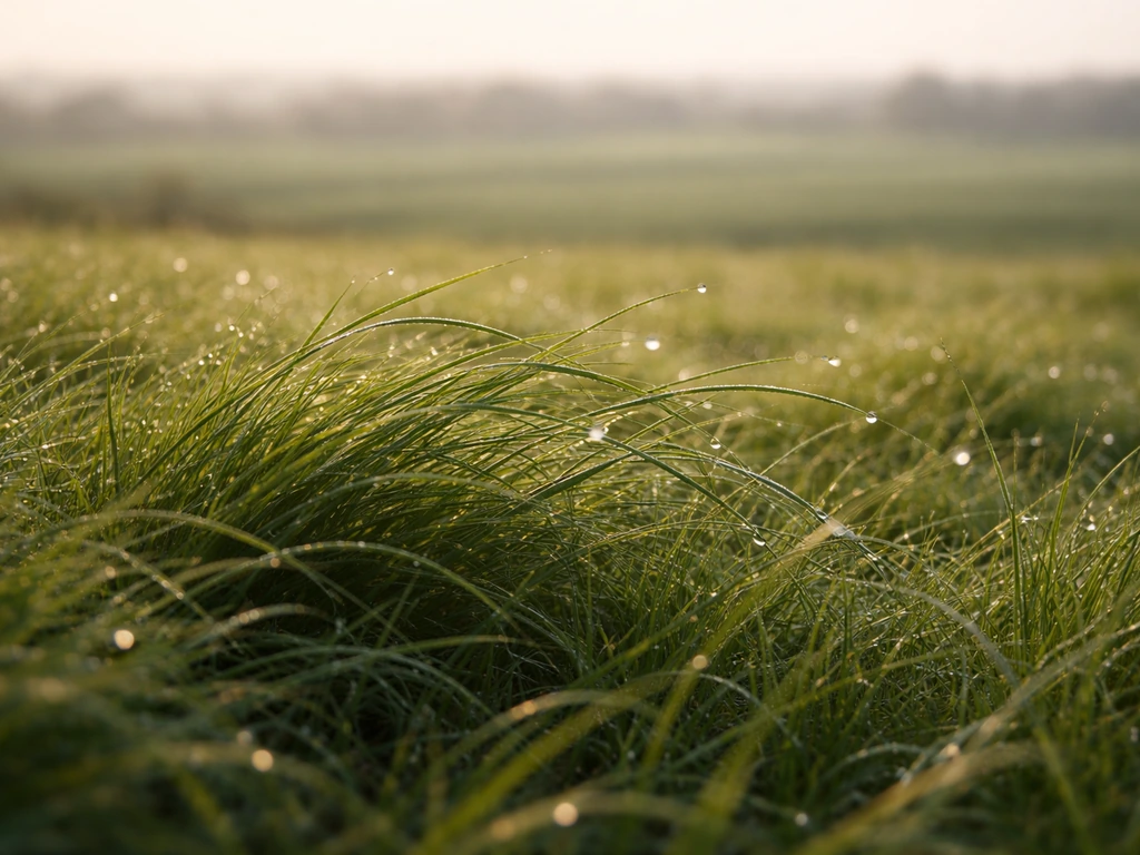 Sous le soleil du matin, herbe normande au premier plan avec textures visibles et lumière douce.