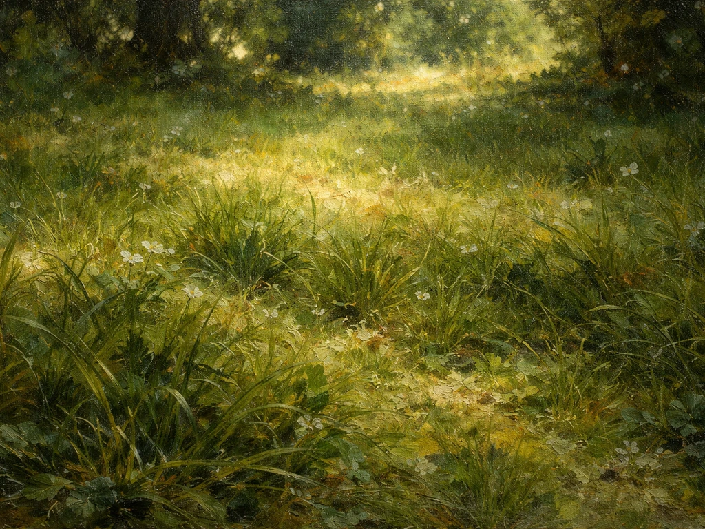 Vue rapprochée d’herbes et de lumière sur une toile inspirée du « Déjeuner sur l’herbe » de Manet.
