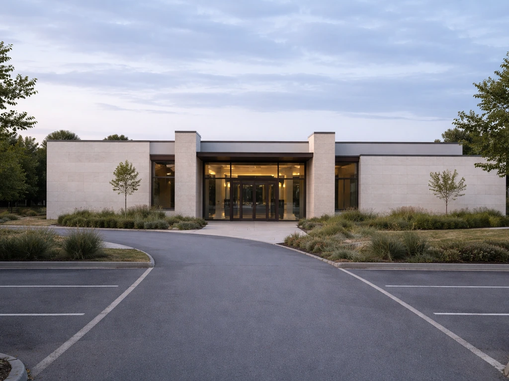 Entrée du crématorium Saint-Germain-la-Blanche-Herbe, vue d’ensemble extérieure près de Caen