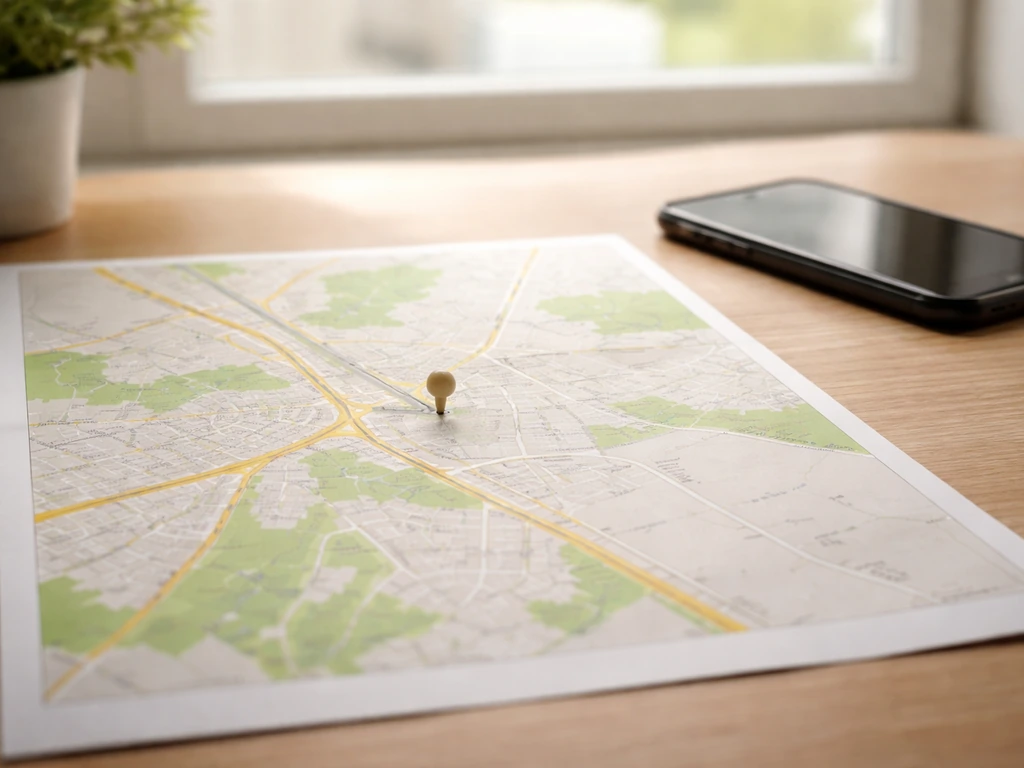 Carte routière sur table avec une épingle indiquant l’emplacement près de Caen et Saint-Germain-la-Blanche-Herbe.