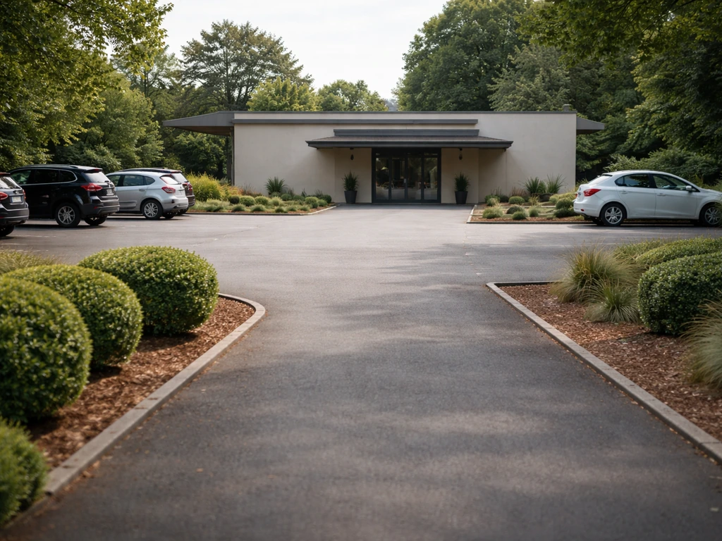 Parking calme près d’un crématorium avec entrée et chemin d’accès, idéal pour organiser l’accueil des familles.