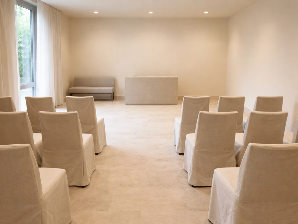 Salle de cérémonie au crématorium : assise sobre, lumière naturelle, ambiance calme et recueillement.