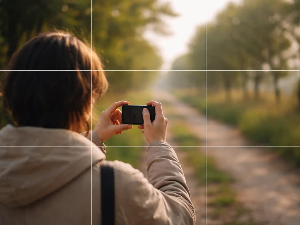 Scène de campagne avec une grille de 9 cases sur l’image, montrant la règle des tiers pour placer le sujet.