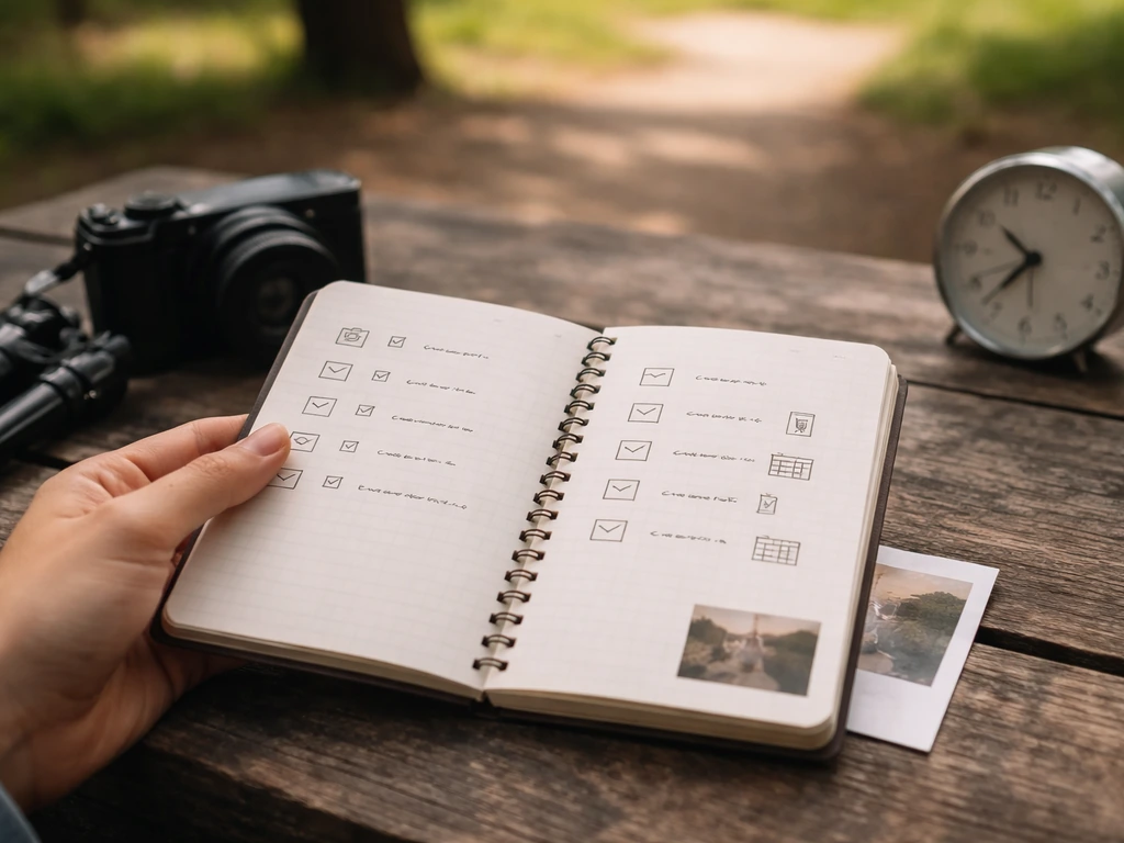 Carnet ouvert avec petites cases à cocher, appareil photo et trépied sur table dehors, arrière-plan flou.