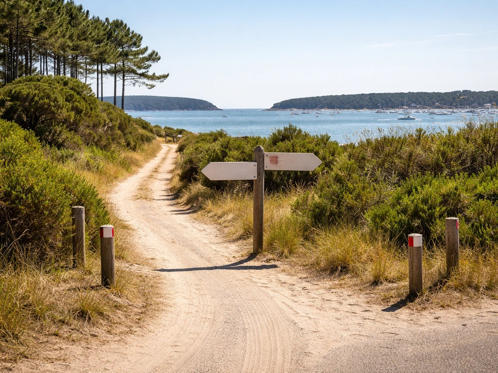 Vue photo réaliste d’un paysage du Cap Ferret avec un chemin menant vers deux repères côtiers, sans texte.