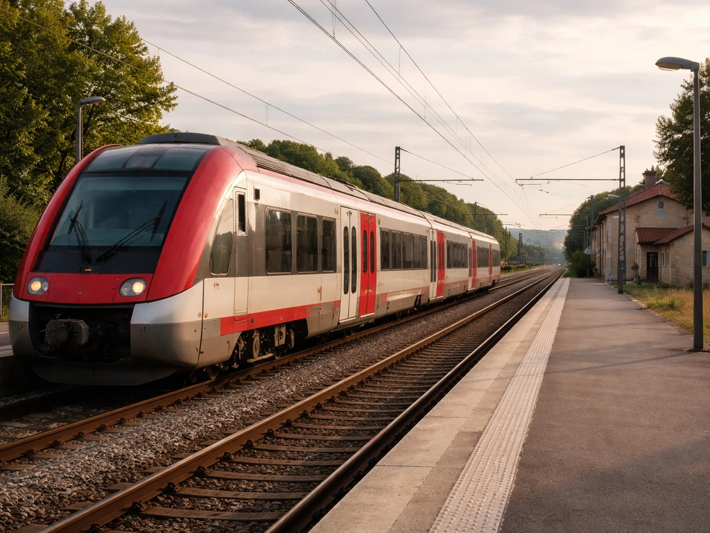 Un quai de gare à Arcachon avec un TER rouge et blanc prêt à partir, ambiance été