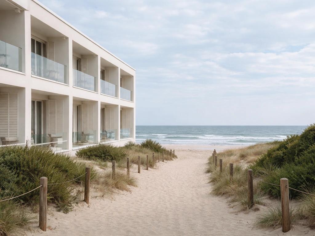 Façade d’un hôtel au bord de la mer, vue minimaliste avec un ciel clair, ambiance de réservation.