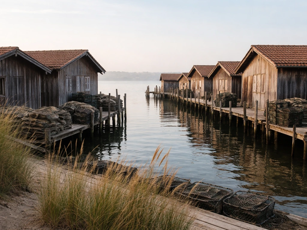 Cabane ostréicole du Village de l’Herbe à Cap Ferret, vue sur l’eau et l’ambiance littorale.