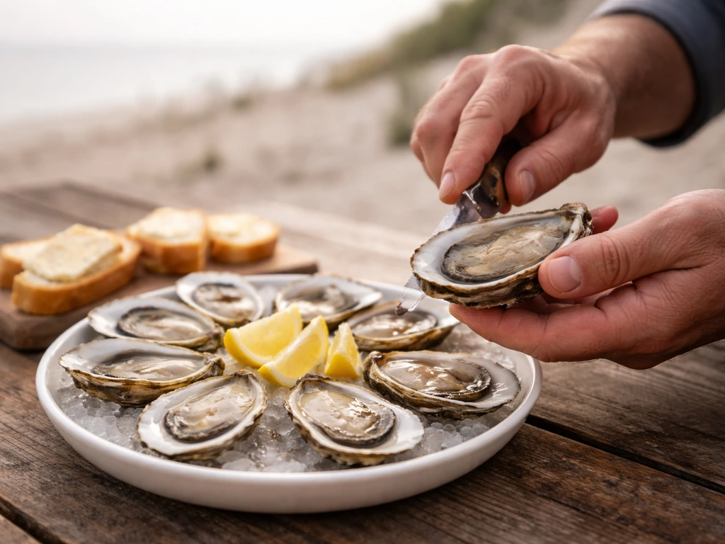 Mains d’un ostréiculteur ouvrant des huîtres, assiette avec citron et pain beurré au bord de l’eau.