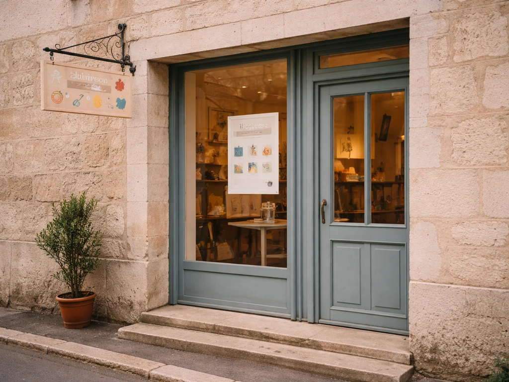 Façade d’un atelier créatif à Villers-Cotterêts, entrée avec panneau et horaires visibles.