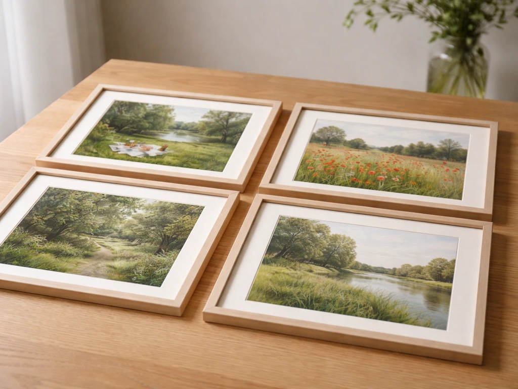 Table avec quatre reproductions d’œuvres montrant de l’herbe au premier plan, lumière naturelle, intérieur minimal.