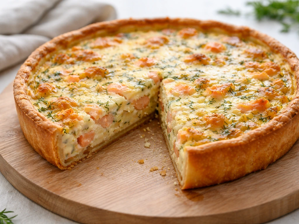 Quiche saumon-fromage ail et fines herbes prête à servir, garniture crémeuse, pâte croustillante