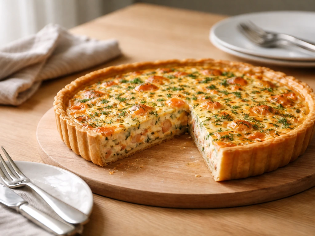 Quiche saumon et fines herbes dorée sur une table en bois, avec une part sur le côté.