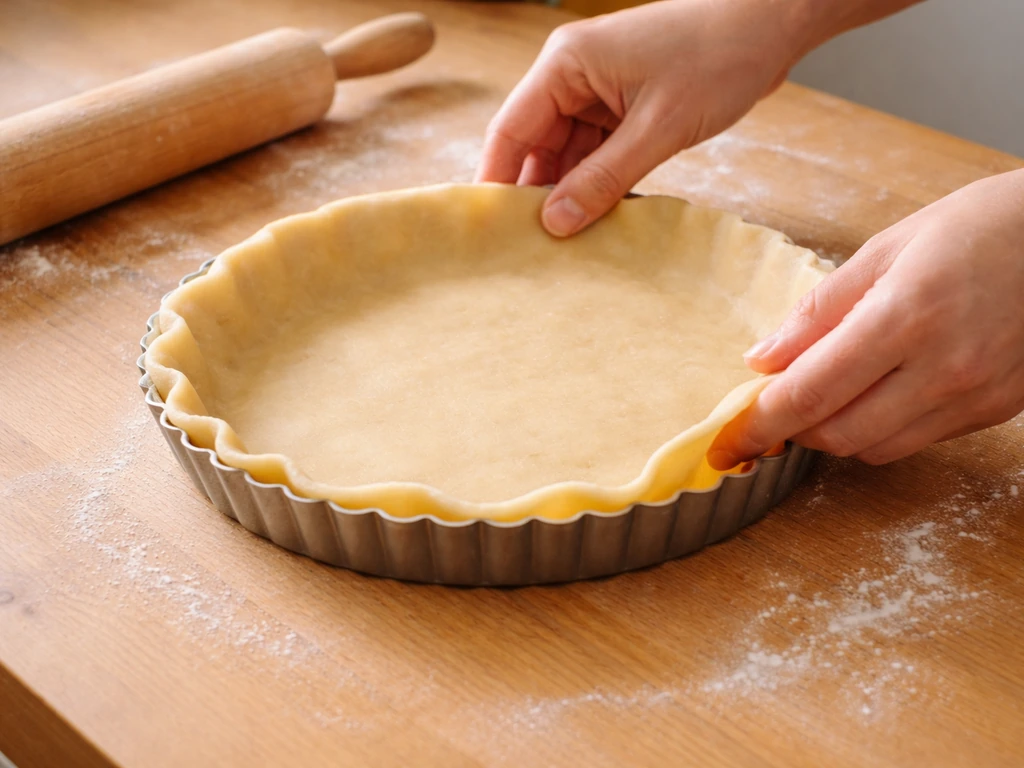 Pâte brisée placée dans un moule à tarte, bords relevés, rouleau et farine sur plan de travail.